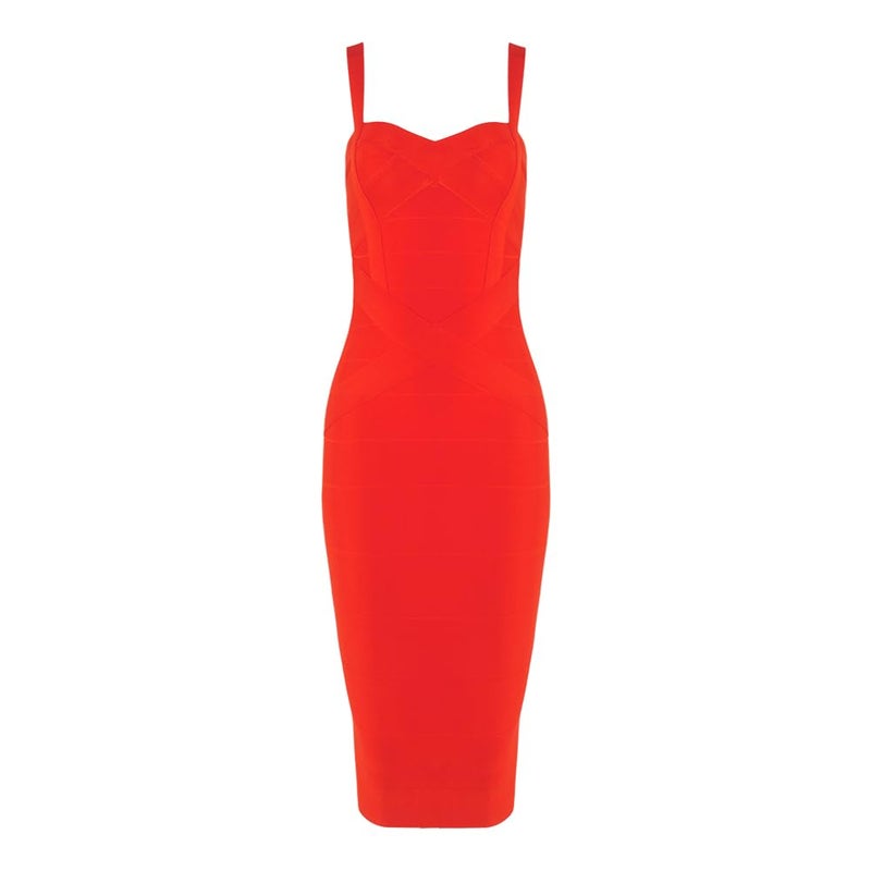 HLBandage Midi-Calf Solid Color Spaghetti Strap Rayon Bandage Dress (L,Red) - Image 3